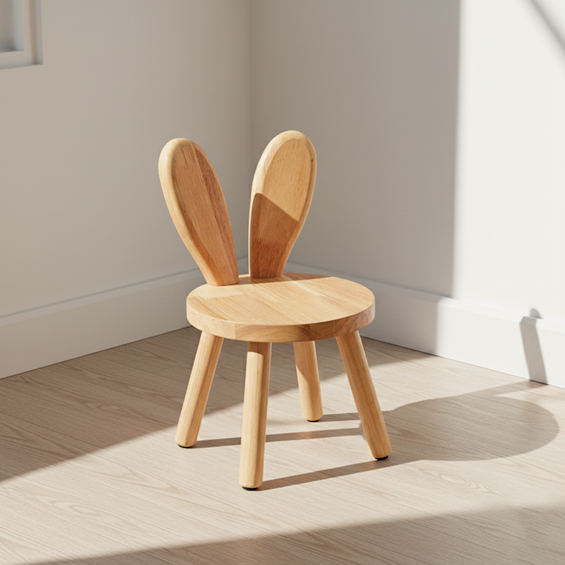 Contemporary Rabbit-Shaped Kids Stool in Rubberwood — Low, Armless Design for Living Room