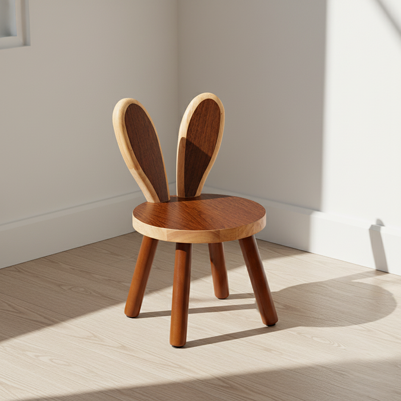 Contemporary Rabbit-Shaped Kids Stool in Rubberwood — Low, Armless Design for Living Room