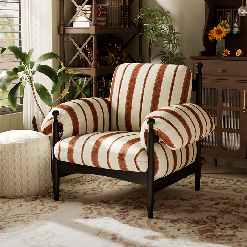 Contemporary Retro Square Rectangular Rubberwood Cotton-Linen Fabric Accent Chair Backrest Armrest For Living Room