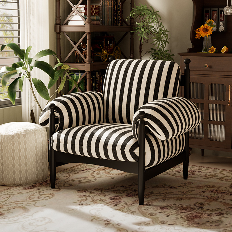 Contemporary Retro Square Rectangular Rubberwood Cotton-Linen Fabric Accent Chair Backrest Armrest For Living Room