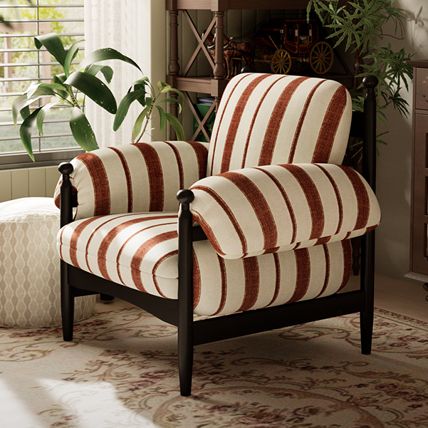 Contemporary Retro Square Rectangular Rubberwood Cotton-Linen Fabric Accent Chair Backrest Armrest For Living Room