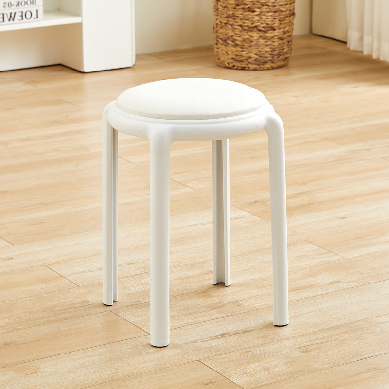 Modern Minimalist Round Low Stool with Faux Leather and Teddy Fleece Upholstery, Plastic Base – Ideal for Living Room