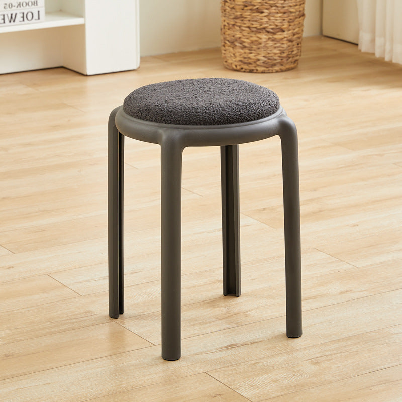 Modern Minimalist Round Low Stool with Faux Leather and Teddy Fleece Upholstery, Plastic Base – Ideal for Living Room