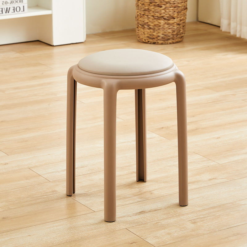 Modern Minimalist Round Low Stool with Faux Leather and Teddy Fleece Upholstery, Plastic Base – Ideal for Living Room