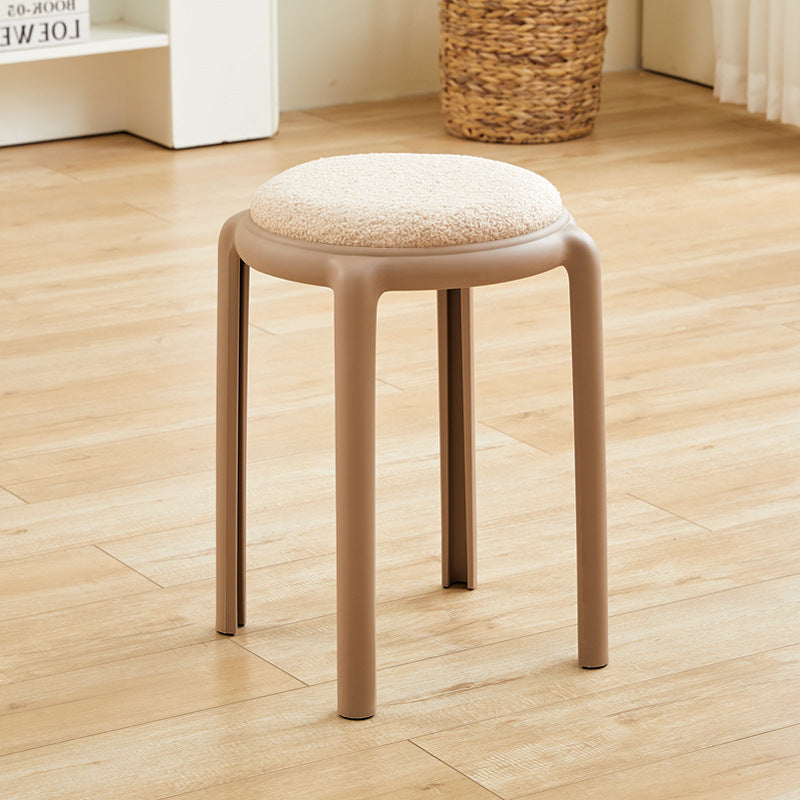 Modern Minimalist Round Low Stool with Faux Leather and Teddy Fleece Upholstery, Plastic Base – Ideal for Living Room