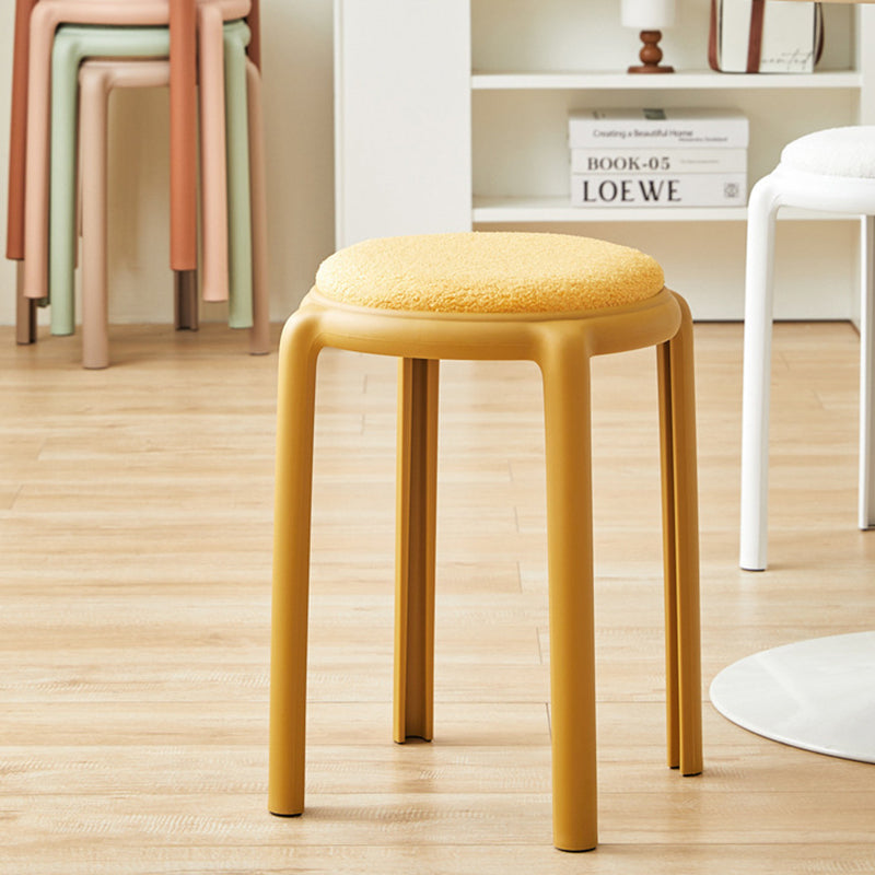 Modern Minimalist Round Low Stool with Faux Leather and Teddy Fleece Upholstery, Plastic Base – Ideal for Living Room