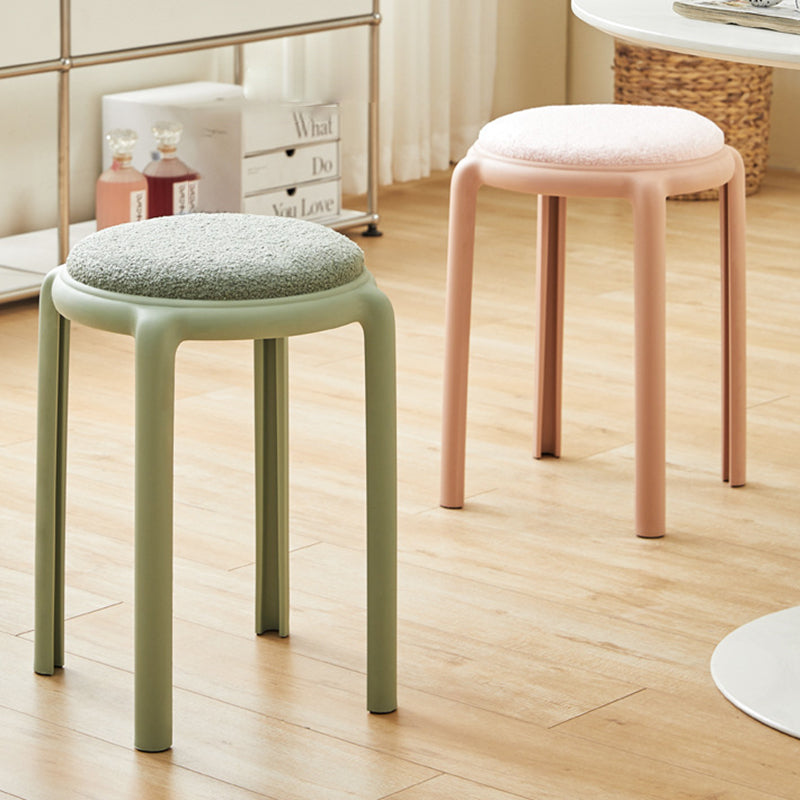 Modern Minimalist Round Low Stool with Faux Leather and Teddy Fleece Upholstery, Plastic Base – Ideal for Living Room