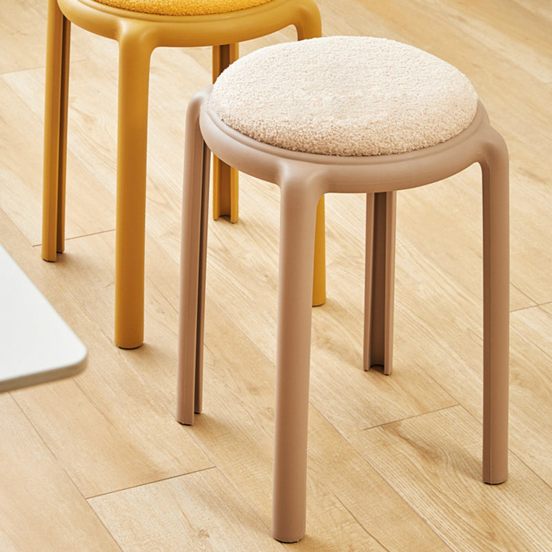 Modern Minimalist Round Low Stool with Faux Leather and Teddy Fleece Upholstery, Plastic Base – Ideal for Living Room