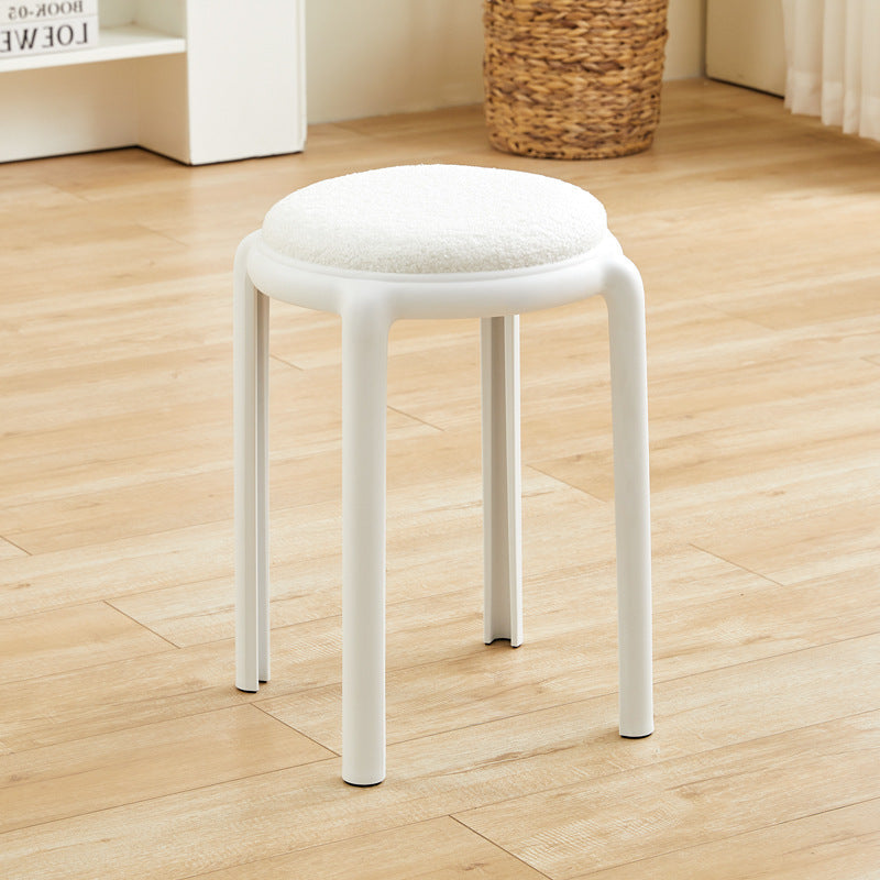 Modern Minimalist Round Low Stool with Faux Leather and Teddy Fleece Upholstery, Plastic Base – Ideal for Living Room