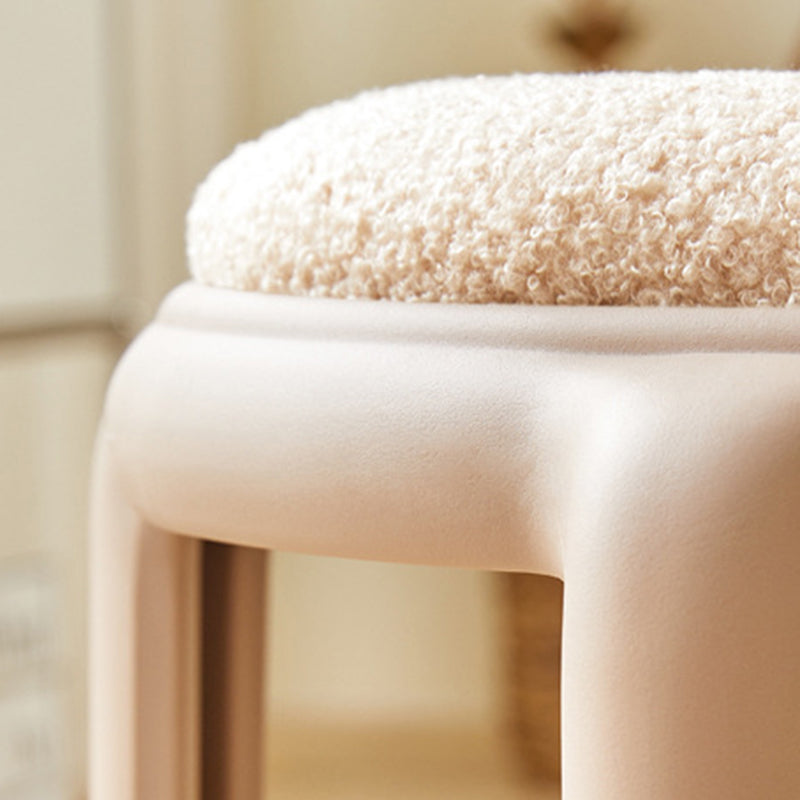 Modern Minimalist Round Low Stool with Faux Leather and Teddy Fleece Upholstery, Plastic Base – Ideal for Living Room