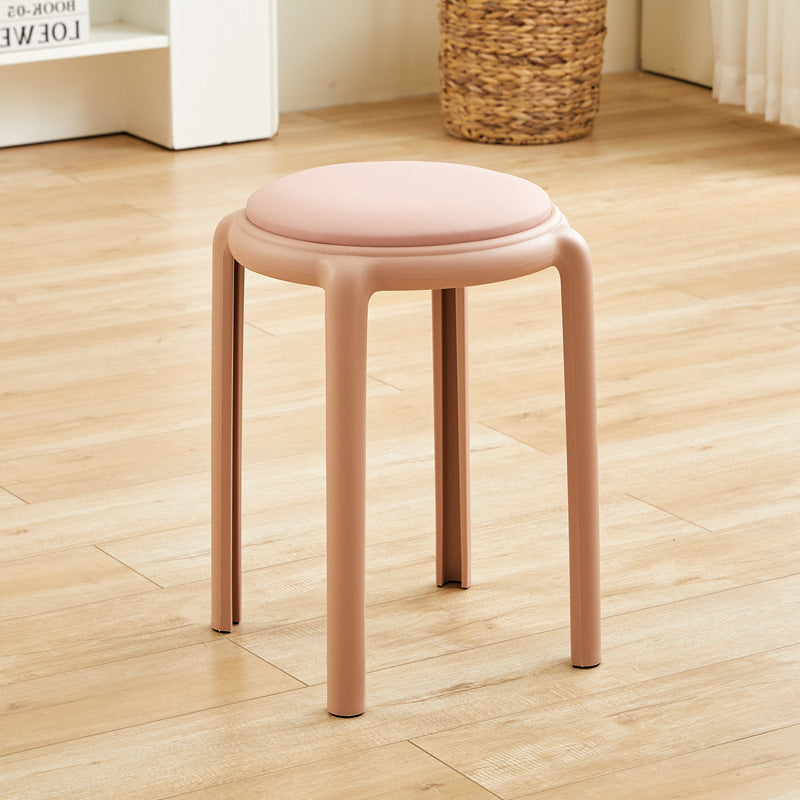 Modern Minimalist Round Low Stool with Faux Leather and Teddy Fleece Upholstery, Plastic Base – Ideal for Living Room