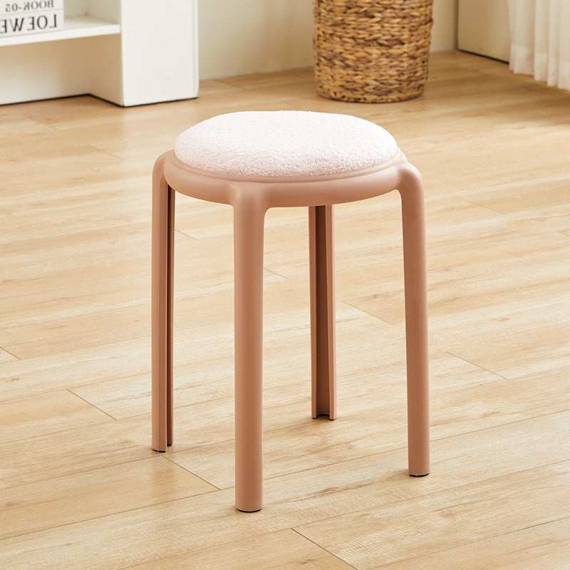 Modern Minimalist Round Low Stool with Faux Leather and Teddy Fleece Upholstery, Plastic Base – Ideal for Living Room