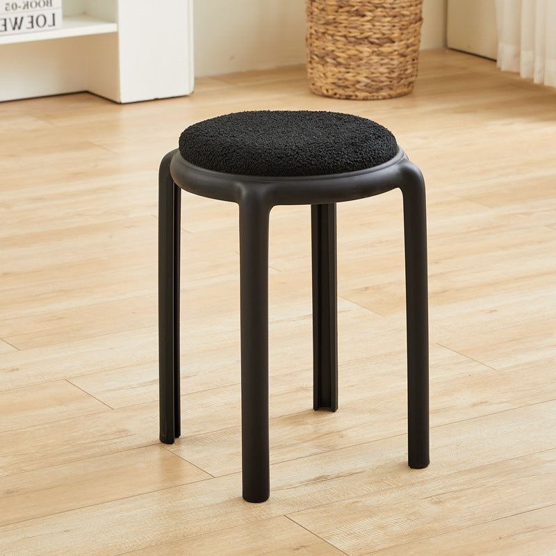 Modern Minimalist Round Low Stool with Faux Leather and Teddy Fleece Upholstery, Plastic Base – Ideal for Living Room