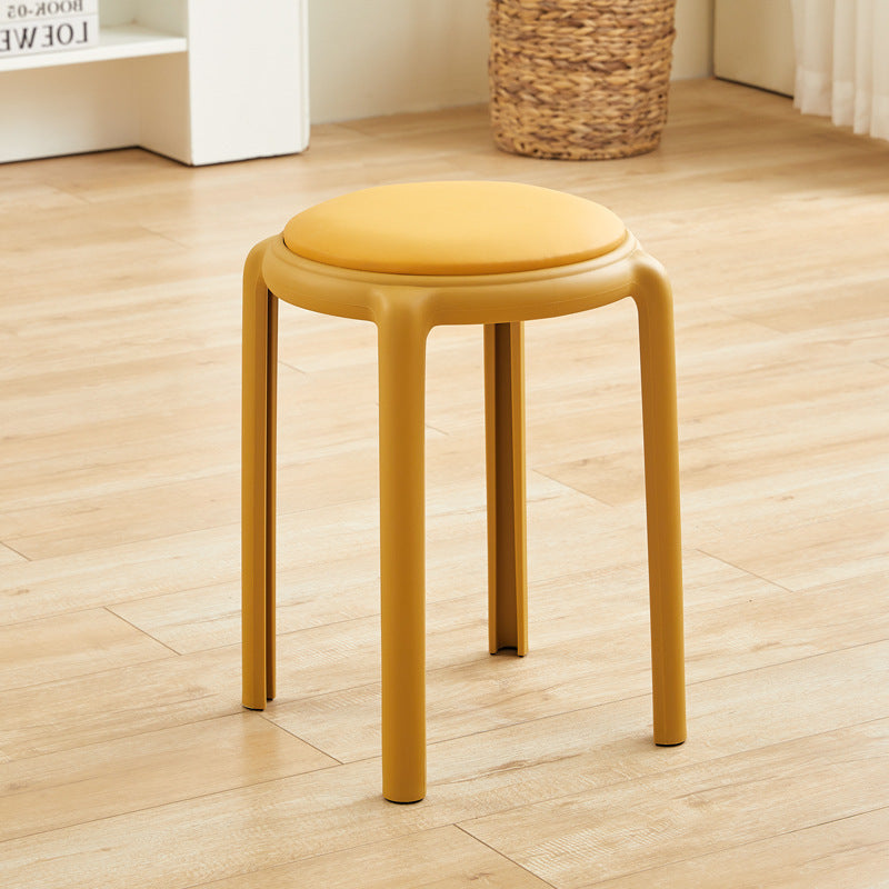 Modern Minimalist Round Low Stool with Faux Leather and Teddy Fleece Upholstery, Plastic Base – Ideal for Living Room