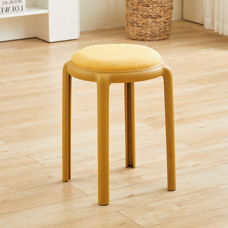Modern Minimalist Round Low Stool with Faux Leather and Teddy Fleece Upholstery, Plastic Base – Ideal for Living Room