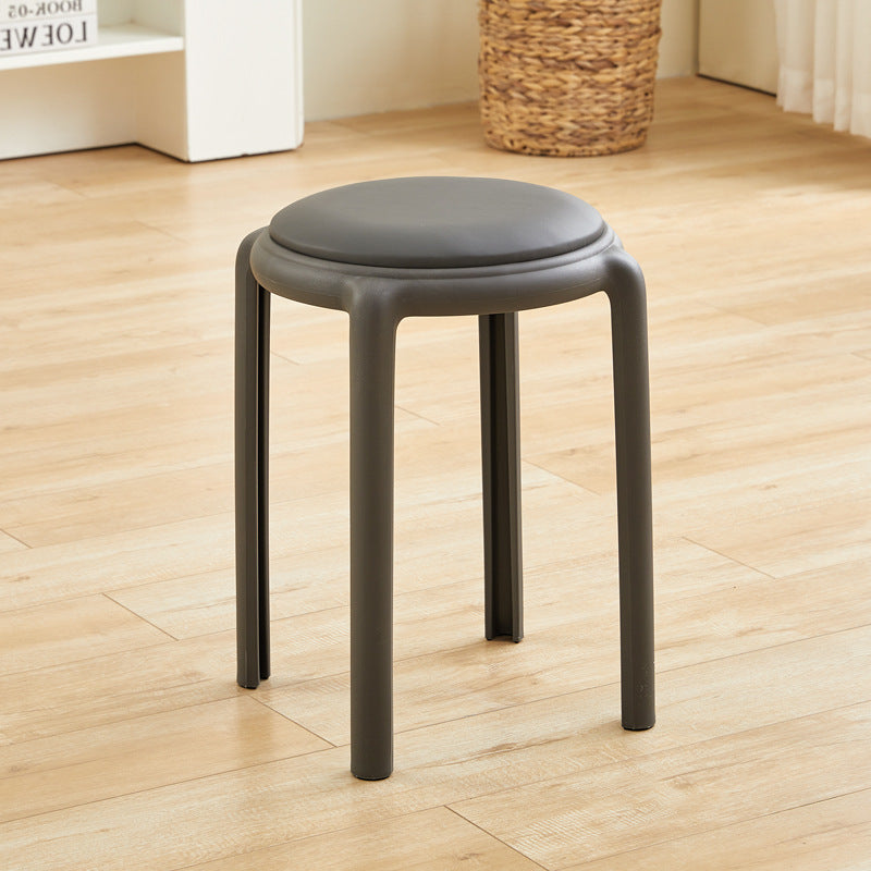 Modern Minimalist Round Low Stool with Faux Leather and Teddy Fleece Upholstery, Plastic Base – Ideal for Living Room