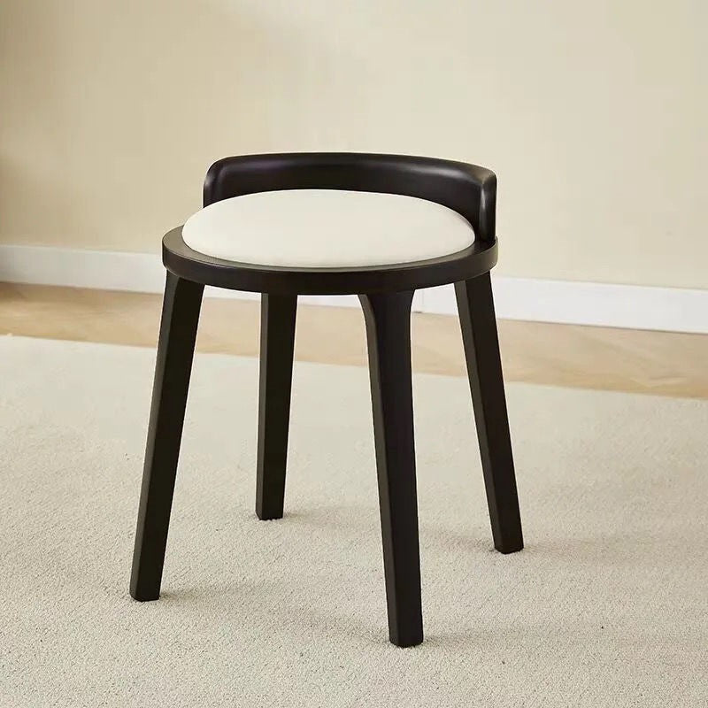Taburete redondo minimalista moderno de piel sintética Nappa con base de madera de caucho – Acento de perfil bajo para sala de estar