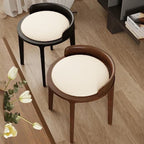 Taburete redondo minimalista moderno de piel sintética Nappa con base de madera de caucho – Acento de perfil bajo para sala de estar