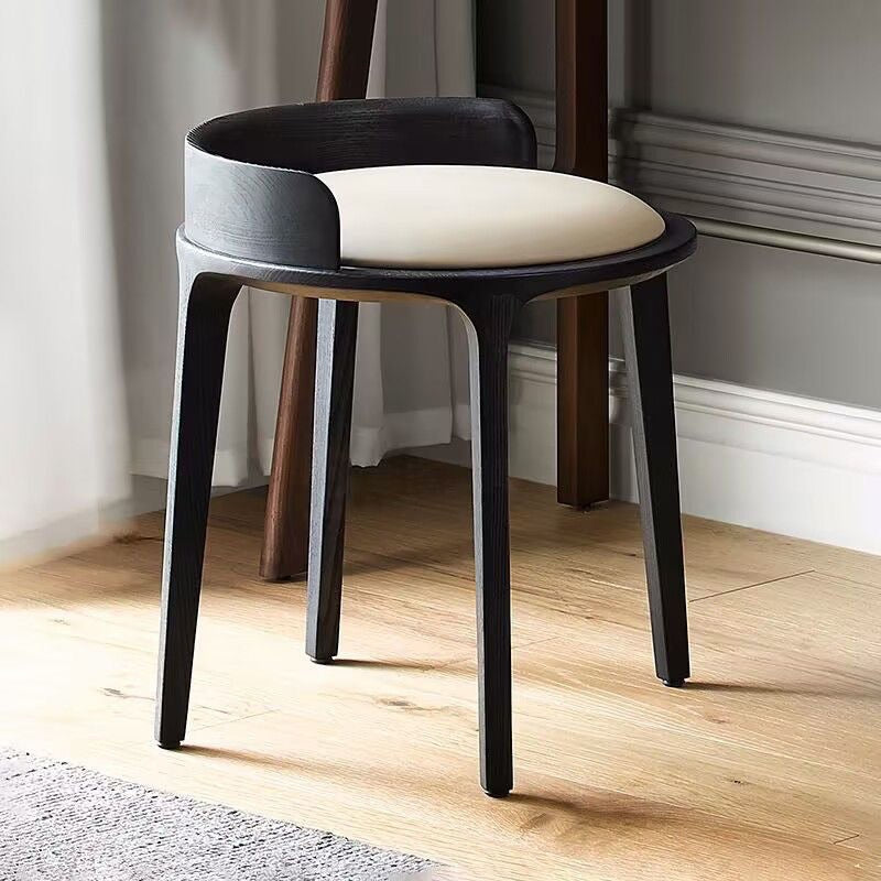 Taburete redondo minimalista moderno de piel sintética Nappa con base de madera de caucho – Acento de perfil bajo para sala de estar