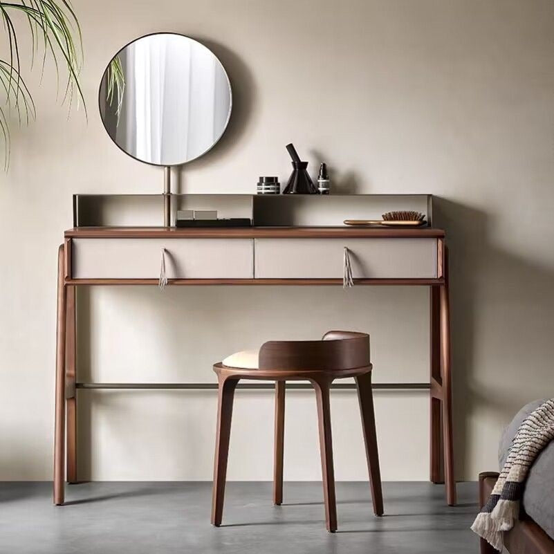 Taburete redondo minimalista moderno de piel sintética Nappa con base de madera de caucho – Acento de perfil bajo para sala de estar