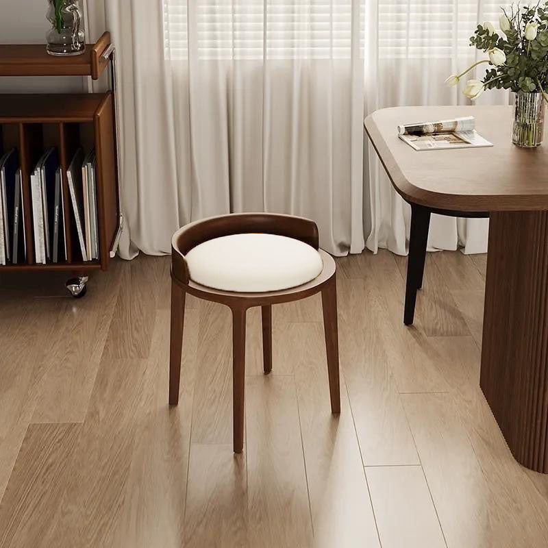 Taburete redondo minimalista moderno de piel sintética Nappa con base de madera de caucho – Acento de perfil bajo para sala de estar