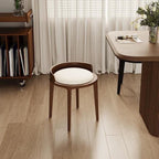 Taburete redondo minimalista moderno de piel sintética Nappa con base de madera de caucho – Acento de perfil bajo para sala de estar