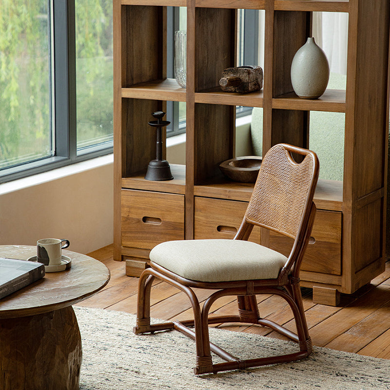 Contemporary Boho Square Stool with Cotton-Linen Weave, Rattan Weaving and Agate Accents — Low Living Room Seat