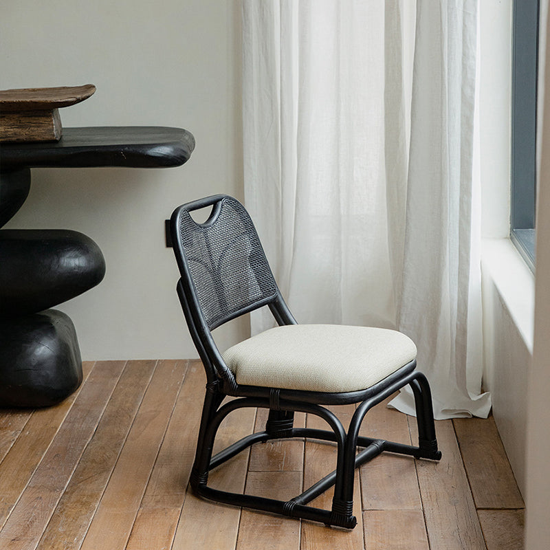 Contemporary Boho Square Stool with Cotton-Linen Weave, Rattan Weaving and Agate Accents — Low Living Room Seat
