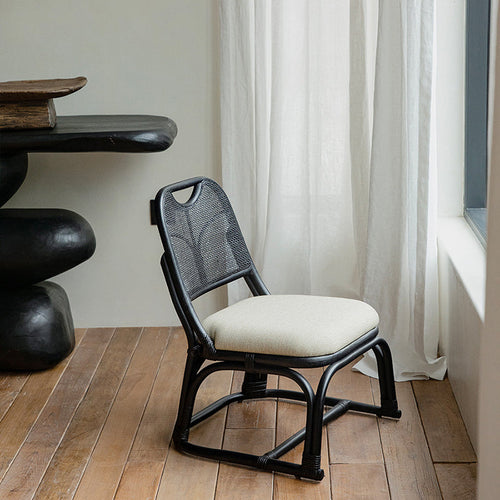Contemporary Boho Square Stool with Cotton-Linen Weave, Rattan Weaving and Agate Accents — Low Living Room Seat