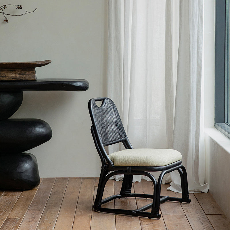 Contemporary Boho Square Stool with Cotton-Linen Weave, Rattan Weaving and Agate Accents — Low Living Room Seat