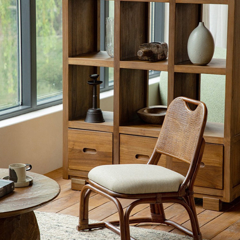 Contemporary Boho Square Stool with Cotton-Linen Weave, Rattan Weaving and Agate Accents — Low Living Room Seat
