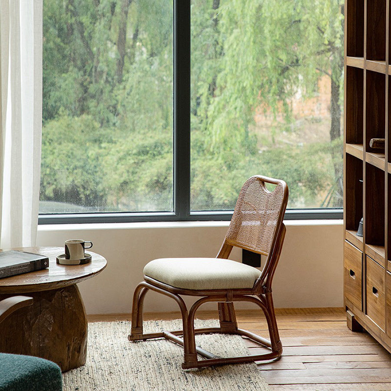 Contemporary Boho Square Stool with Cotton-Linen Weave, Rattan Weaving and Agate Accents — Low Living Room Seat