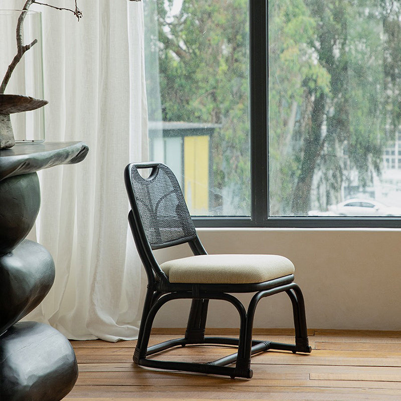 Contemporary Boho Square Stool with Cotton-Linen Weave, Rattan Weaving and Agate Accents — Low Living Room Seat
