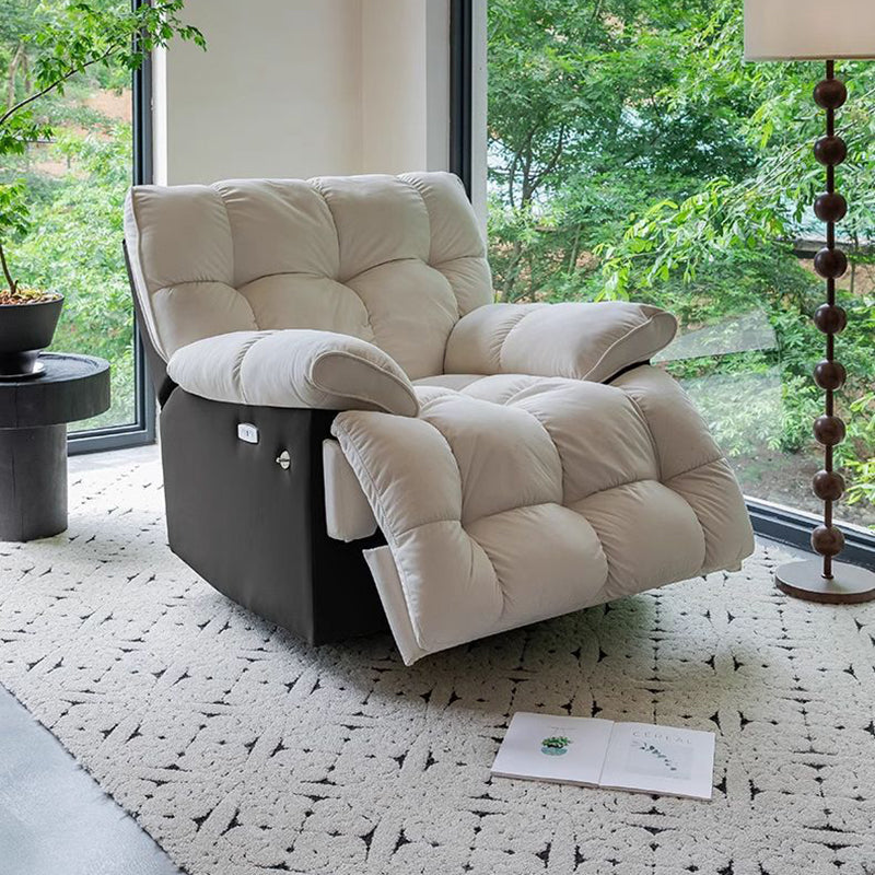 Sofá reclinable manual moderno minimalista cuadrado-rectangular de polipiel y terciopelo con estructura de madera maciza y contrachapada, con respaldo y reposabrazos para salón
