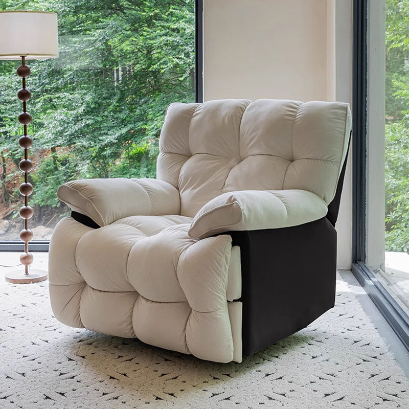 Sofá reclinable manual moderno minimalista cuadrado-rectangular de polipiel y terciopelo con estructura de madera maciza y contrachapada, con respaldo y reposabrazos para salón