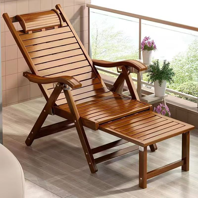 Traditional Chinese Style Rectangular Bamboo Wood Foldable Recliner with Backrest and Armrests for Living Room