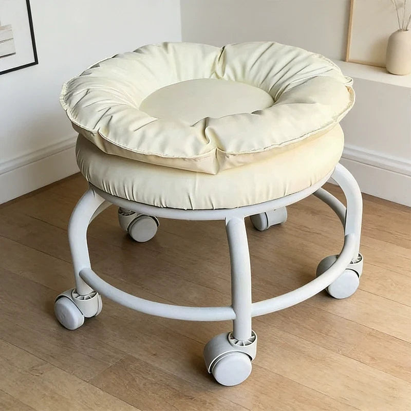 Modern Minimalist Round Faux Nappa Leather Movable Low Stool with Plastic Base for Living Room