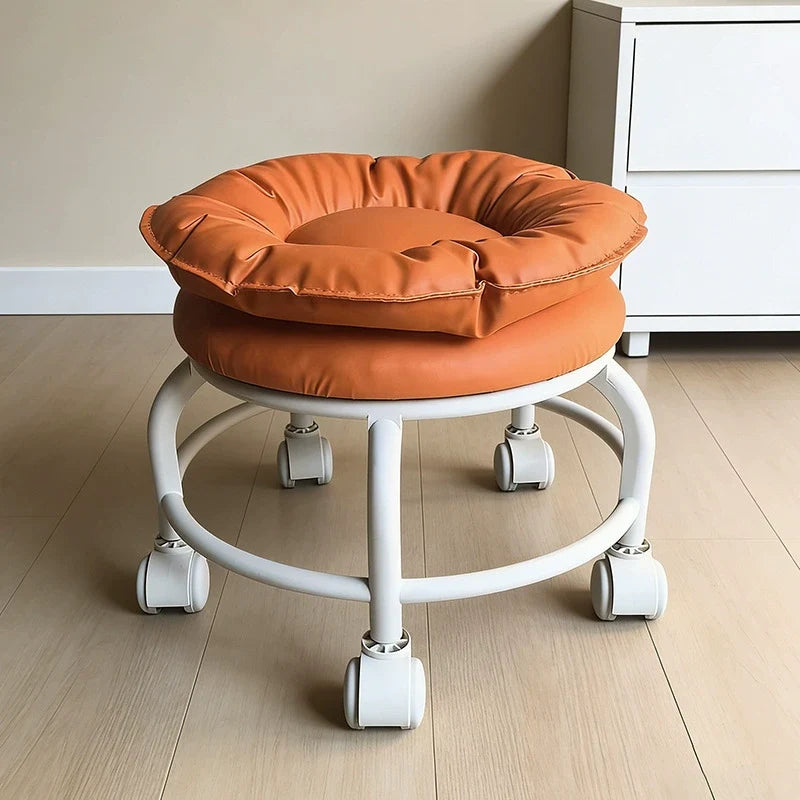 Modern Minimalist Round Faux Nappa Leather Movable Low Stool with Plastic Base for Living Room