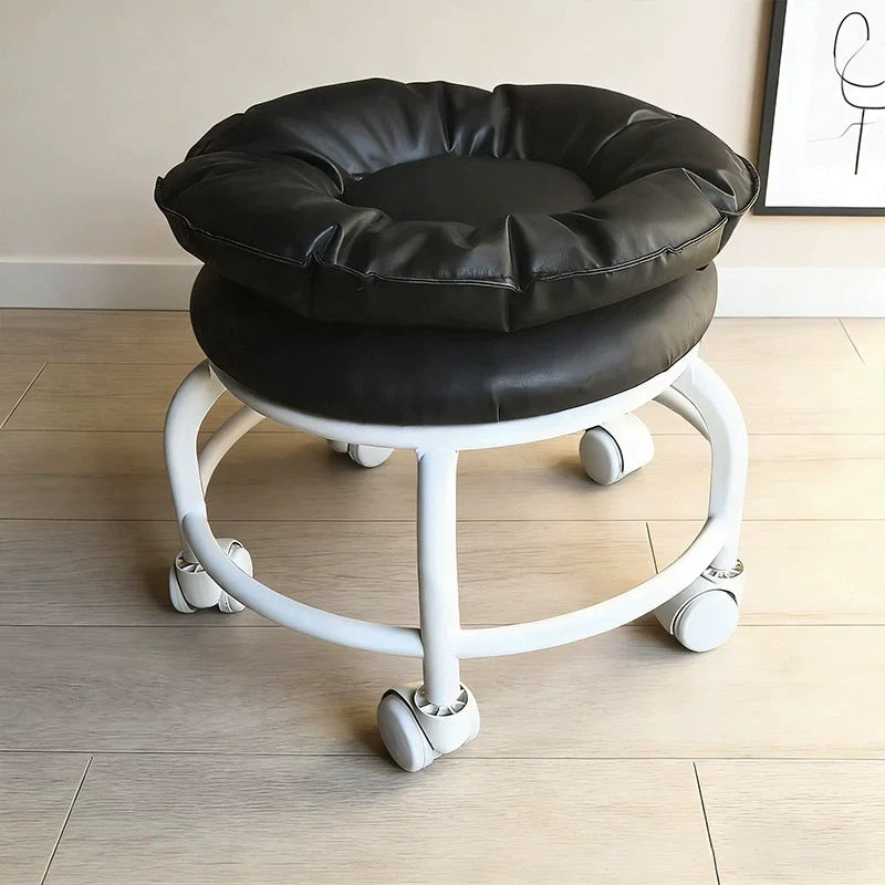Modern Minimalist Round Faux Nappa Leather Movable Low Stool with Plastic Base for Living Room