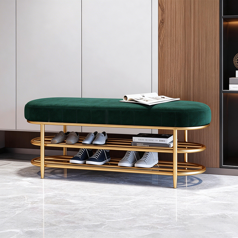 Contemporary Scandinavian Oval Velvet Sponge Iron Shoe Bench Armless For Entryways