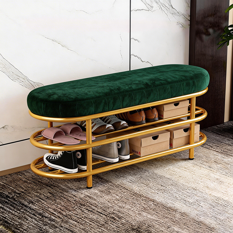 Contemporary Scandinavian Oval Velvet Sponge Iron Shoe Bench Armless For Entryways