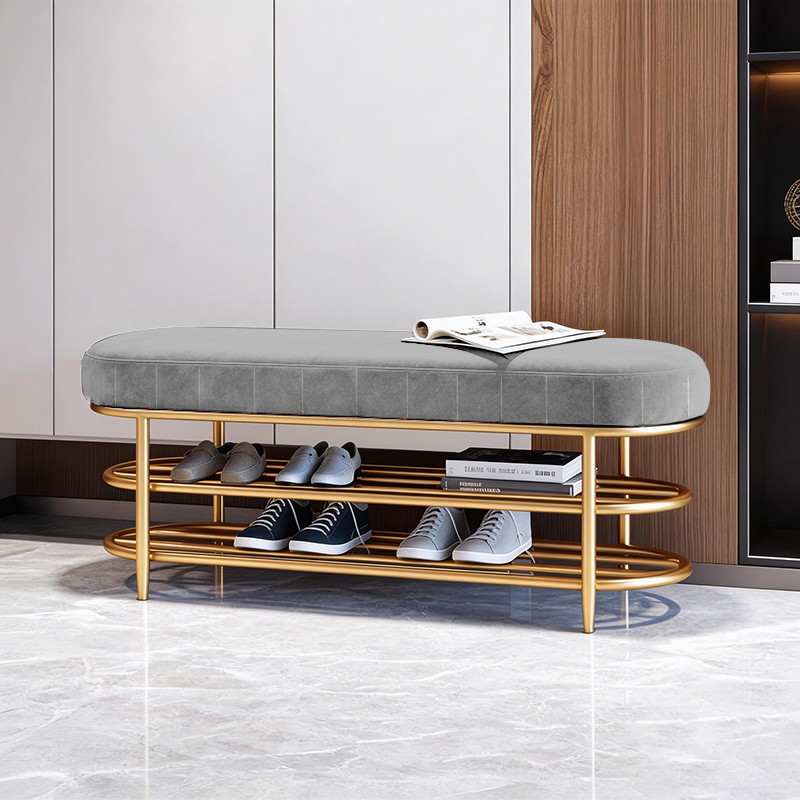 Contemporary Scandinavian Oval Velvet Sponge Iron Shoe Bench Armless For Entryways