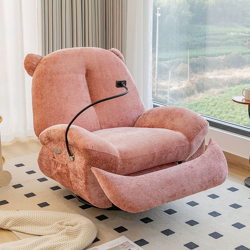 Nordic Contemporary Bear-Square Faux Leather Recliner Rocking Chair with Motorized Rotation, Steel Frame, Backrest & Footrest – Dutch Fleece and Cotton Sponge Comfort for Living Room