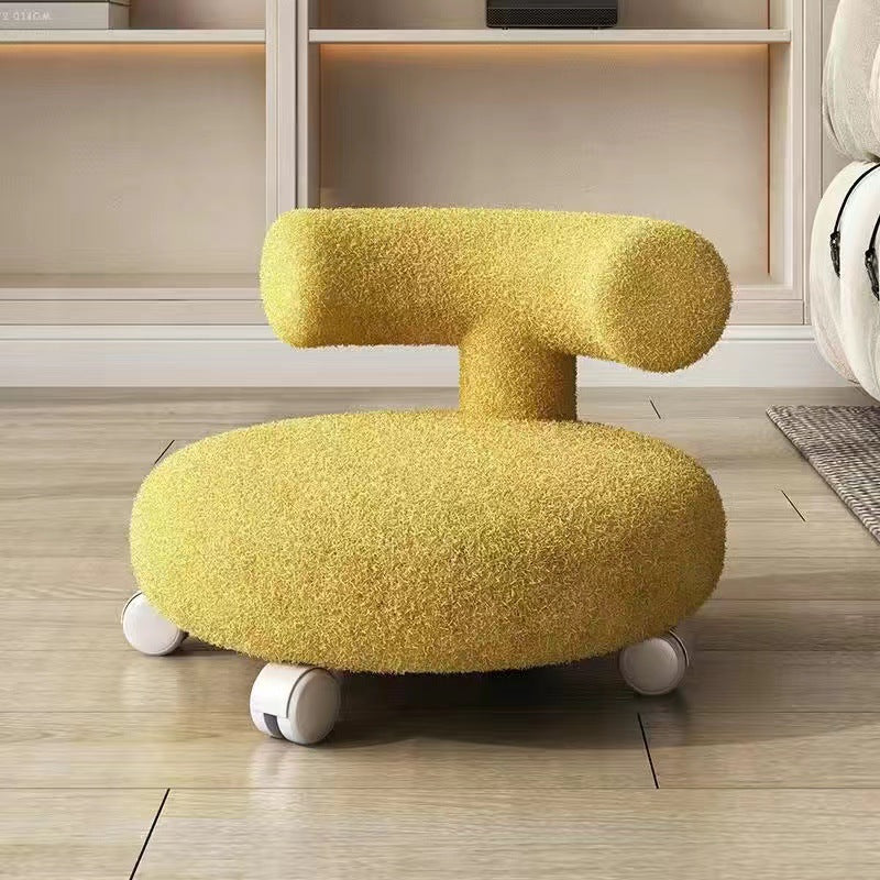 Nordic Contemporary Round Sherpa Fabric Stool with C-Shaped Backrest, Wooden Base and Cushioned Sponge — Movable Low Seat for Living Room