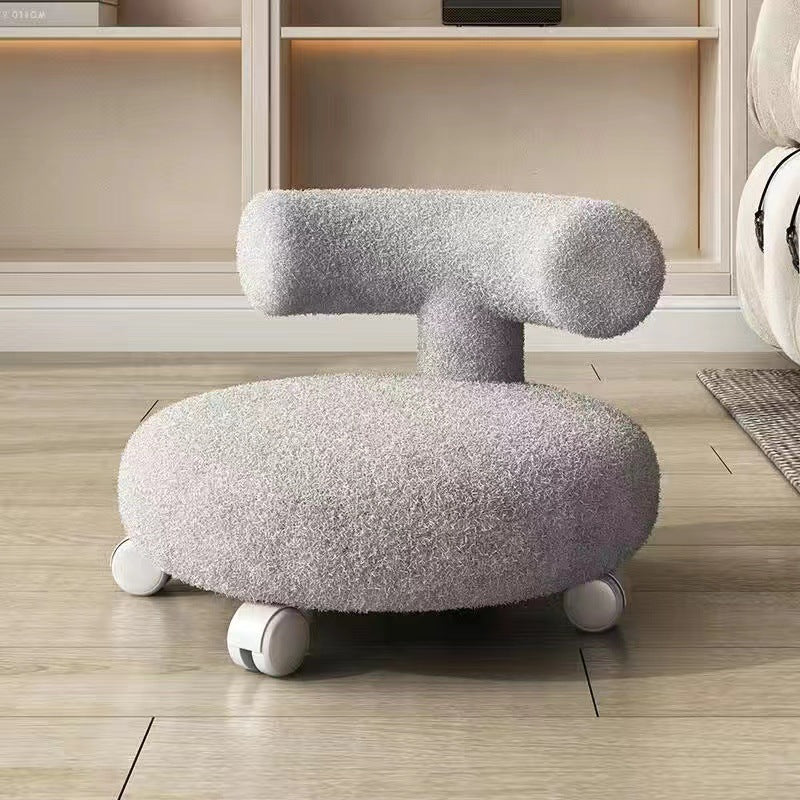 Nordic Contemporary Round Sherpa Fabric Stool with C-Shaped Backrest, Wooden Base and Cushioned Sponge — Movable Low Seat for Living Room