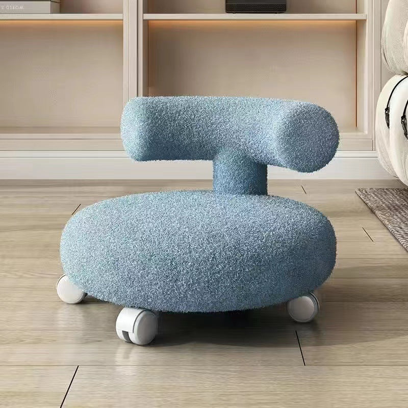 Nordic Contemporary Round Sherpa Fabric Stool with C-Shaped Backrest, Wooden Base and Cushioned Sponge — Movable Low Seat for Living Room
