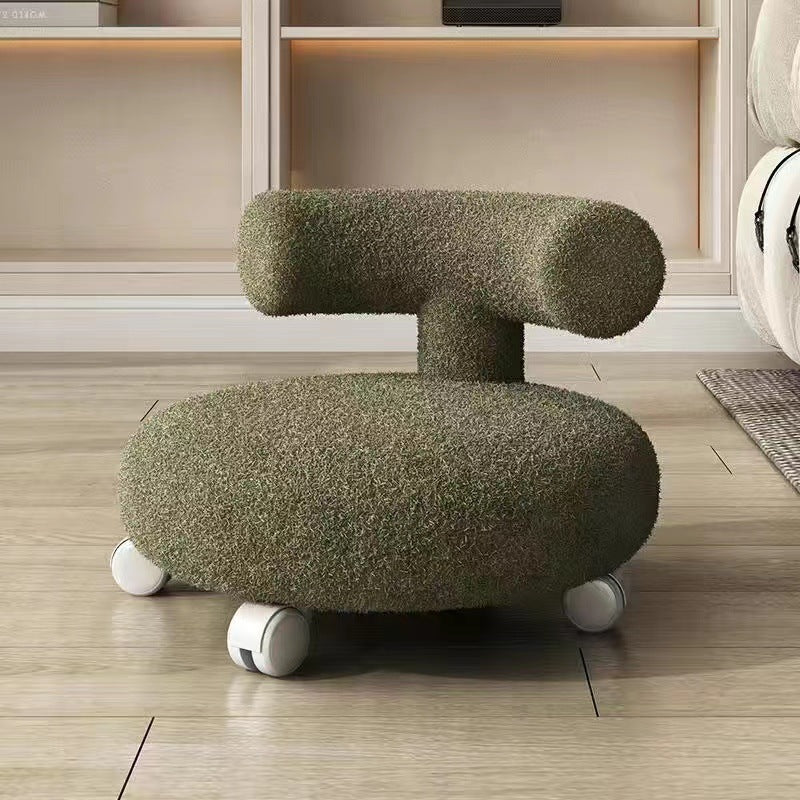 Nordic Contemporary Round Sherpa Fabric Stool with C-Shaped Backrest, Wooden Base and Cushioned Sponge — Movable Low Seat for Living Room