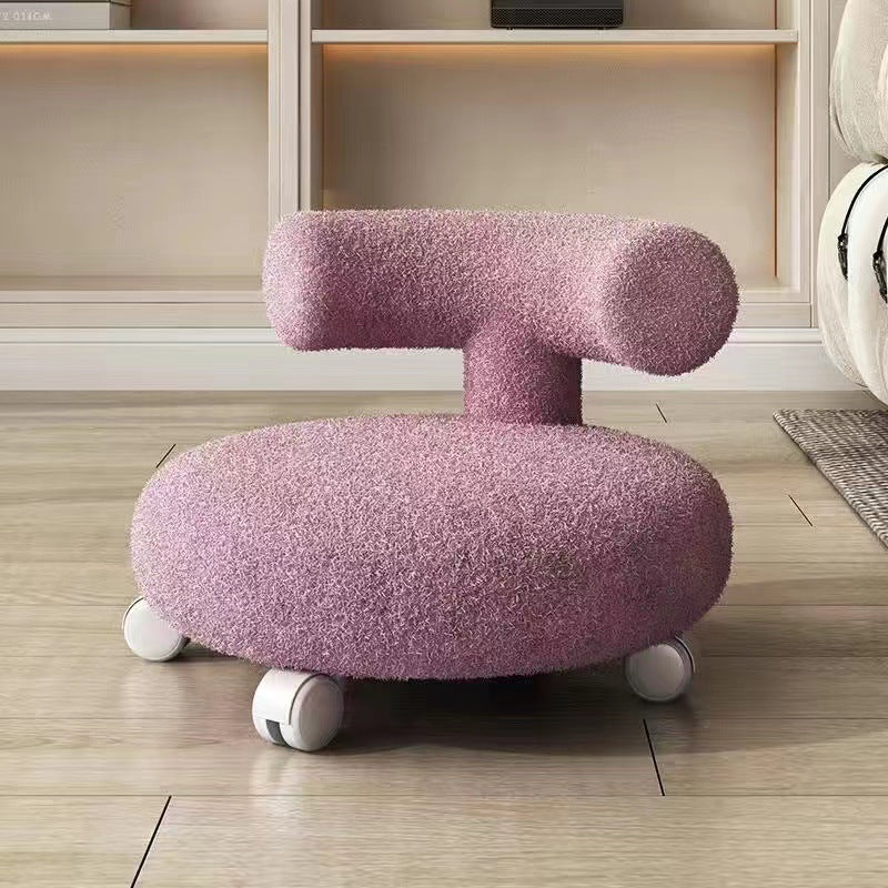 Nordic Contemporary Round Sherpa Fabric Stool with C-Shaped Backrest, Wooden Base and Cushioned Sponge — Movable Low Seat for Living Room