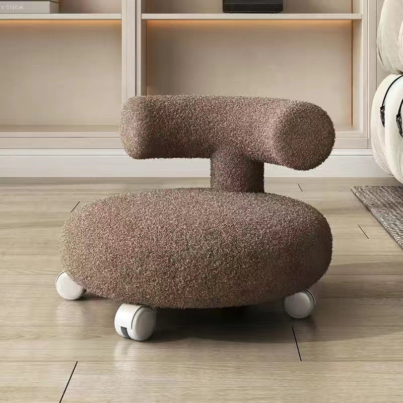 Nordic Contemporary Round Sherpa Fabric Stool with C-Shaped Backrest, Wooden Base and Cushioned Sponge — Movable Low Seat for Living Room