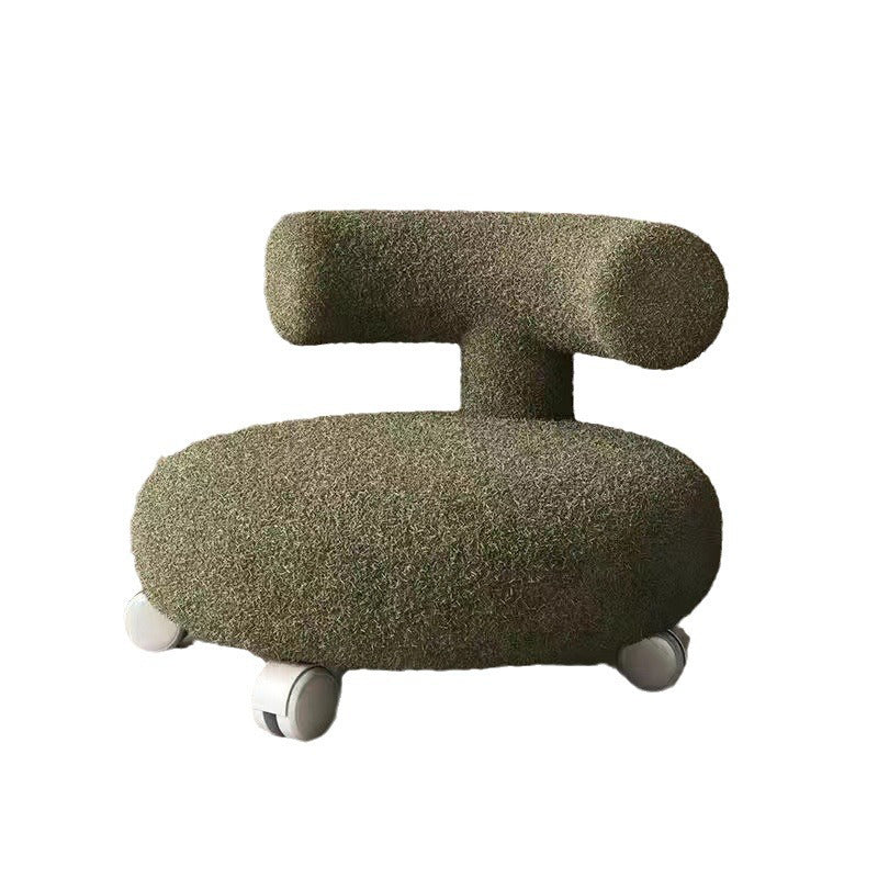 Taburete nórdico contemporáneo redondo de tela sherpa con respaldo en forma de C, base de madera y esponja acolchada — Asiento bajo móvil para sala de estar